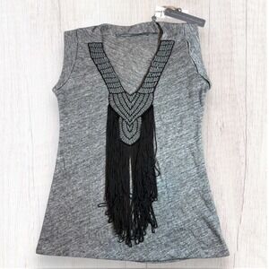 Twelfth Street by‎ Cynthia Vincent NWT Embellished Fringe Beaded Top Stone Gray